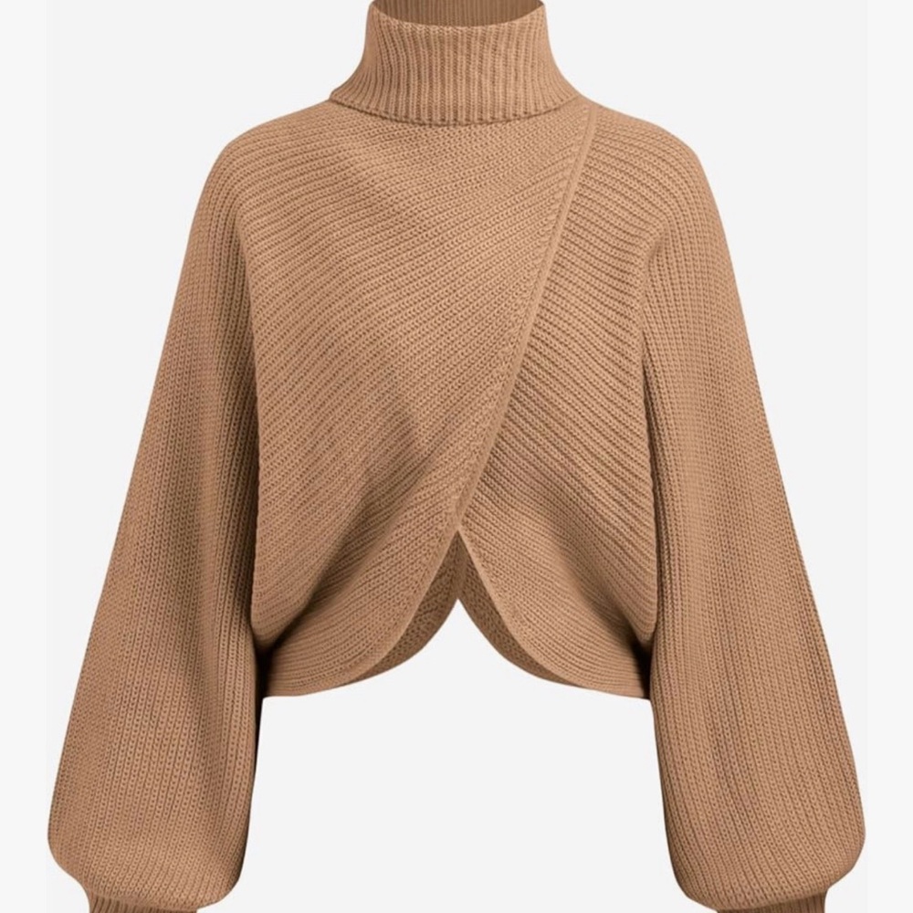 Chic High-Neck Brown Cris Cross Cropped Sweater